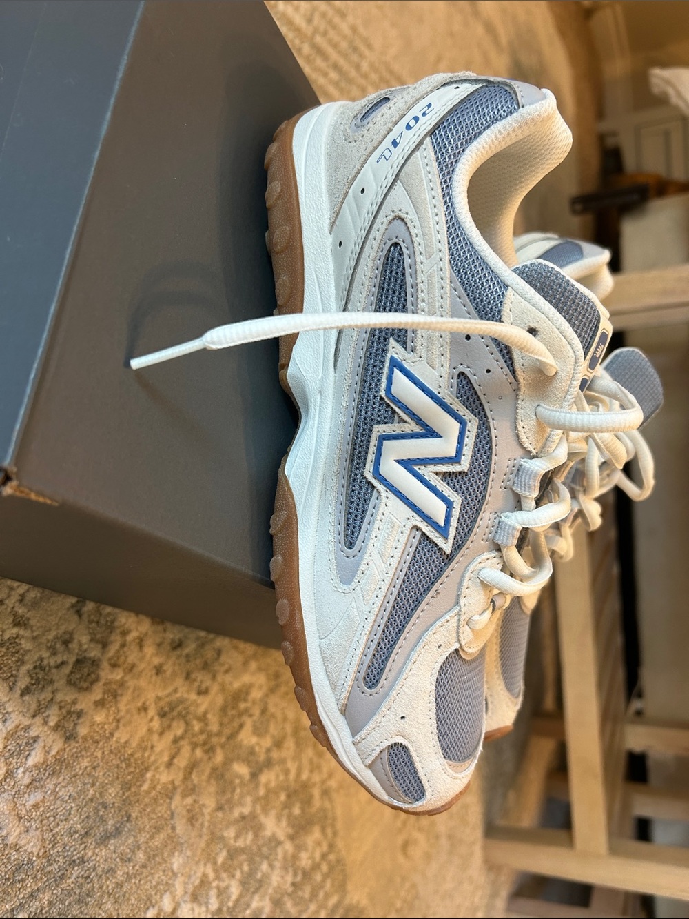 New Balance Running Shoes NWT in Gray, White & Blue with Gum Sole - Picture 3 of 5
